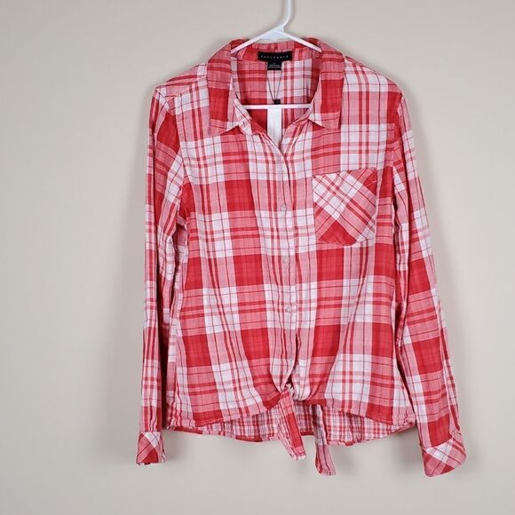 Sanctuary Red Pop of Love Plaid Hayley Tie Front Shirt - Picture 2 of 9